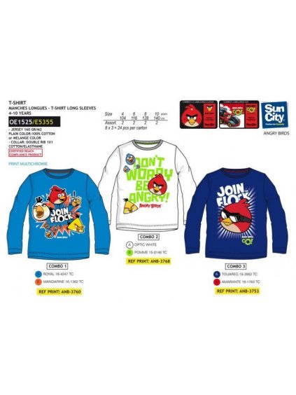 Tričko dlouhý rukáv angry birds dětské a dorost chlapecké (4-10 LET) SUN CITY OE1525/PRE 104/4roky bílá