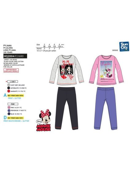Pyžamo dlouhý rukáv a nohavice minnie mouse dětské dívčí bavlněné (3-8 LET) SUN CITY HQ2004