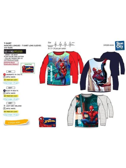 Tričko dlouhý rukáv spiderman dětské chlapecké bavlněné (3-8 let) SUN CITY SE1190