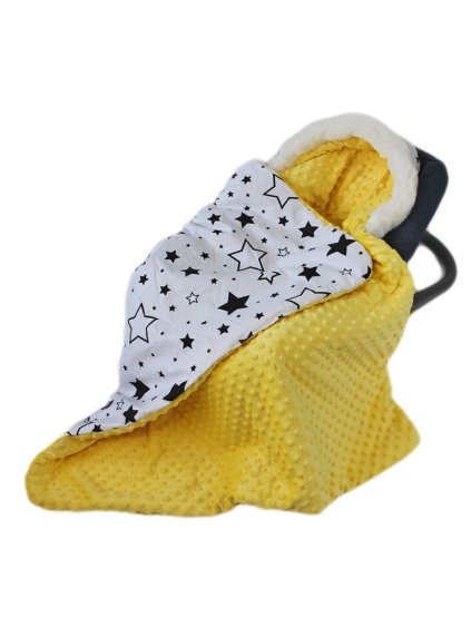 Deka minky s kožešinkou multifunkční 3 v 1 s otvory na bezpečností pásy, s kapucí 90x90cm Baby Nellys 30989601 hvězdy černé, žlutá