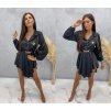 Šaty košilové elegantní saten s páskem dlouhý rukáv dámské (S/M ONE SIZE) ITALSKÁ MÓDA IMM22025 (Velikost S/M/L, Barva Černá)