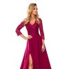 309-1 AMBER elegant lace long dress with a neckline - Burgundy color (Velikost S, Barva _barva viz foto)