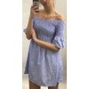 Šaty carmen letní krátké dámské proužek s odhalenými ramenami (uni s / m) ITALSKÁ MÓDA IM920120/DR (Barva světle modrá)