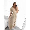 Šaty dlouhé elegantní s páskem krátký rukáv dámské (S/M ONE SIZE) ITALSKÁ MÓDA IMWGB2314647/DU (Velikost S/M/L, Barva béžová)