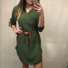 Šaty elegantní košilové s páskem 3/4 dlouhý rukáv dámské (M/L/XL ONE SIZE) ITALSKÁ MÓDA IMD22411/DU (Velikost M/L, Barva zelená khaki)