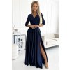 Šaty  krajkové dlouhé saténové šaty s výstřihem Amber  - tmavě modré NMC-309-7/DU (Velikost M, Barva tmavě modrá)