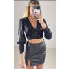 Top croptop třpytivý s flitry dlouhý rukáv dámský (S/M ONE SIZE) ITALSKÁ MÓDA IMPBB22O5200/DUR (Velikost S/M/L, Barva Černá)