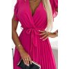 424-2 Šifonové řasené šaty s výstřihem a volány - růžová barbie barva (Velikost UNI, Barva _barva viz foto)