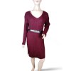 Šaty pletené s páskem dlouhý rukáv dámské (S/M/L ONE SIZE) ITALSKá MóDA IMD23848/DR (Velikost M/L, Barva vínová)
