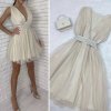 Šaty společenské bez rukávu dámské (S/M ONE SIZE) ITALSKÁ MÓDA IMHMS23106/DU (Velikost S/M/L, Barva béžová krémová)