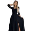 309-11 AMBER krajkové, elegantní dlouhé šaty s výstřihem a rozparkem na nohavicích - černé (Velikost S)