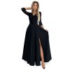 309-11 AMBER krajkové, elegantní dlouhé šaty s výstřihem a rozparkem na nohavicích - černé (Velikost S)