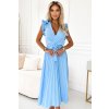 543-2 Plisované midi šaty s výstřihem a jemnými volánky - světle modré (Velikost UNI)