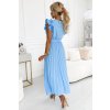 543-2 Plisované midi šaty s výstřihem a jemnými volánky - světle modré (Velikost UNI)