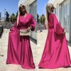 Šaty dlouhé saténové dlouhý rukáv dámské (S/M ONE SIZE) ITALSKÁ MÓDA IMPBB24O5779/DU (Velikost S/M/L, Barva tmavě růžová)
