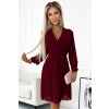 313-15 ISABELLE Plisované šaty s výstřihem a dlouhým rukávem - Vínová barva (Velikost XS)