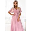 545-1 Dlouhé šaty s řaseným výstřihem a zavazováním - pudrově růžové (Velikost UNI)