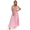 545-1 Dlouhé šaty s řaseným výstřihem a zavazováním - pudrově růžové (Velikost UNI)