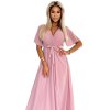 545-1 Dlouhé šaty s řaseným výstřihem a zavazováním - pudrově růžové (Velikost UNI)