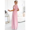 545-1 Dlouhé šaty s řaseným výstřihem a zavazováním - pudrově růžové (Velikost UNI)