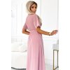 545-1 Dlouhé šaty s řaseným výstřihem a zavazováním - pudrově růžové (Velikost UNI)
