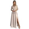 309-10 AMBER krajkové, elegantní dlouhé šaty s výstřihem a rozparkem na nohavicích - béžové