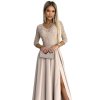 309-10 AMBER krajkové, elegantní dlouhé šaty s výstřihem a rozparkem na nohavicích - béžové (Velikost S, Barva béžová)