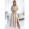 309-10 AMBER krajkové, elegantní dlouhé šaty s výstřihem a rozparkem na nohavicích - béžové