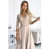 309-10 AMBER krajkové, elegantní dlouhé šaty s výstřihem a rozparkem na nohavicích - béžové (Velikost S, Barva béžová)