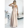 309-10 AMBER krajkové, elegantní dlouhé šaty s výstřihem a rozparkem na nohavicích - béžové