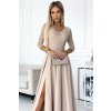 309-10 AMBER krajkové, elegantní dlouhé šaty s výstřihem a rozparkem na nohavicích - béžové