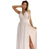 362-8 JUSTINE Dlouhé šaty s výstřihem a zavazováním vzadu - béžové se třpytkami (Velikost S)