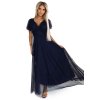 562-1 NASTIA Dlouhé šaty s výstřihem a krátkými rukávy - tmavě modrá (Velikost UNI)