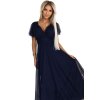 562-1 NASTIA Dlouhé šaty s výstřihem a krátkými rukávy - tmavě modrá (Velikost UNI)
