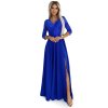Šaty dlouhé elegantní společenské krajkové s výstřihem dlouhý rukáv  (S - 2XL) Polská móda- Royal blue 309-12 AMBER (Velikost S, Barva modrá královská)