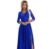 Šaty dlouhé elegantní společenské krajkové s výstřihem dlouhý rukáv  (S - 2XL) Polská móda- Royal blue 309-12 AMBER (Velikost S, Barva modrá královská)