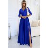 Šaty dlouhé elegantní společenské krajkové s výstřihem dlouhý rukáv  (S - 2XL) Polská móda- Royal blue 309-12 AMBER (Velikost S, Barva modrá královská)