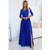Šaty dlouhé elegantní společenské krajkové s výstřihem dlouhý rukáv  (S - 2XL) Polská móda- Royal blue 309-12 AMBER (Velikost S, Barva modrá královská)