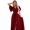 581-2 JENNIFER long dress with leg slit, sleeve and neckline - burgundy color (Velikost S)