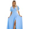 Šaty společenské dlouhé elegantní s rozparkem krátký rukáv JENNIFER dámské (S-2XL) polská moda NMC-581-3/DUR (Velikost XS, Barva světle modrá)