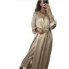 Šaty elegantní saténové dlouhý rukáv dámské Lilien (S/M.ONE SIZE) ITALSKÁ MÓDA IMM22HG3893/DU (Velikost S/M/L, Barva béžová)