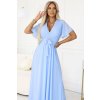 545-2 Dlouhé šaty s plisovaným výstřihem a zavazováním - světle modré (Velikost UNI)