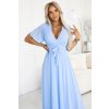 545-2 Dlouhé šaty s plisovaným výstřihem a zavazováním - světle modré (Velikost UNI)