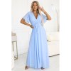 545-2 Dlouhé šaty s plisovaným výstřihem a zavazováním - světle modré (Velikost UNI)