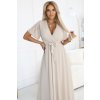 545-3 Dlouhé šaty s plisovaným výstřihem a zavazováním - béžové (Velikost UNI)