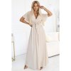 545-3 Dlouhé šaty s plisovaným výstřihem a zavazováním - béžové (Velikost UNI)