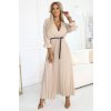 462-5 SERENA Plisované maxi šaty s výstřihem, páskem a 3/4 rukávy - TMAVĚ BÉŽOVÉ (Velikost UNI)