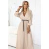 462-5 SERENA Plisované maxi šaty s výstřihem, páskem a 3/4 rukávy - TMAVĚ BÉŽOVÉ (Velikost UNI)