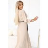 462-5 SERENA Plisované maxi šaty s výstřihem, páskem a 3/4 rukávy - TMAVĚ BÉŽOVÉ (Velikost UNI)