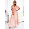 545-4 Dlouhé šaty s plisovaným výstřihem a zavazováním - broskvová barva (Velikost UNI)